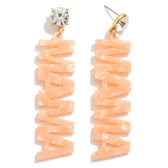 Judson Jewelry - Peach Marbled Acrylic Crystal Dangle Drop MAMA Earrings